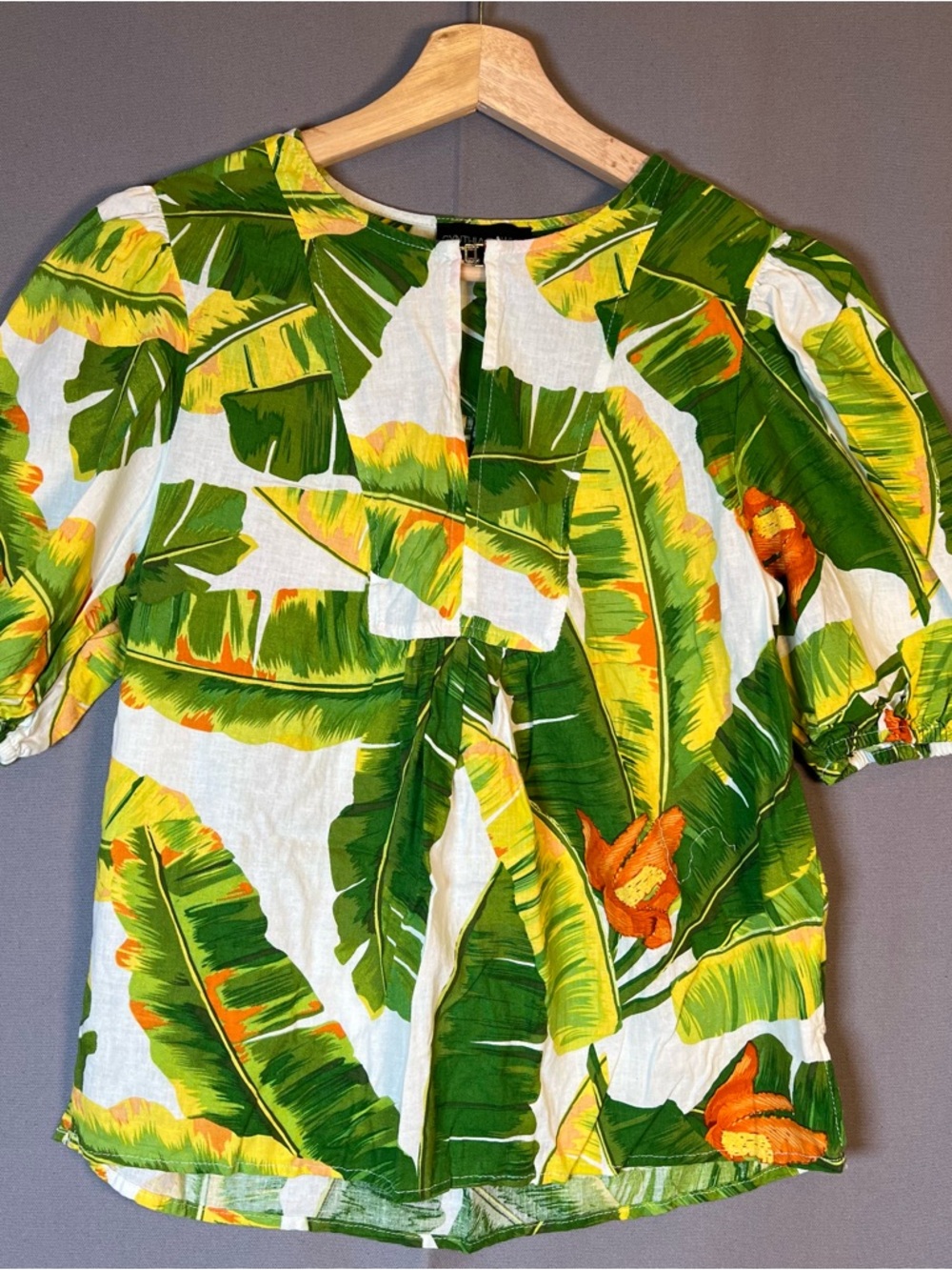 Cynthia Rowley Women’s SzS Tropical Leaf Print Puff Sleeve LinenTop Green/White